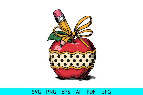 Apple with Pencil and Polka Dot Ribbon Graphics for Crafts