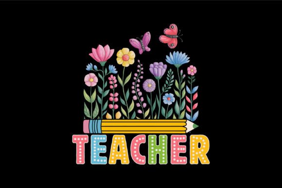 Colorful Teacher Floral Pencil Art for Print Templates and Graphics