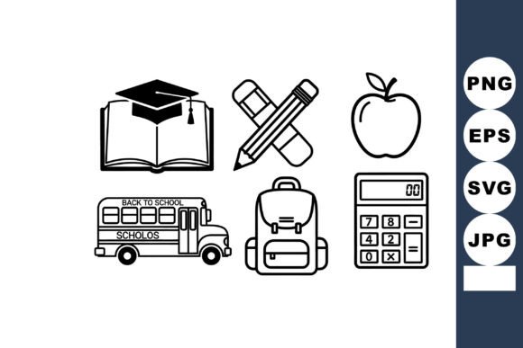 School Education Icons with Book, Pencil – Clean Graphics for Handmade Creations