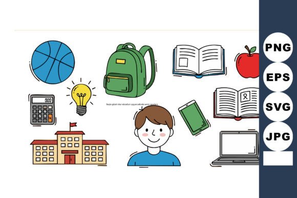 School Education Icons with Boy Backpack Graphics